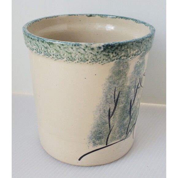 Stoneware Pottery Green Spongeware Utensil Crock Snowman Country Primitive 5.25" - Picture 6 of 9